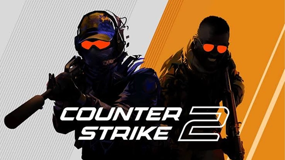 Plakat gry Counter-Strike 2 przedstawiający dwóch żołnierzy sił specjalnych i terrorystę w okularach na szaro-pomarańczowym tle z napisem