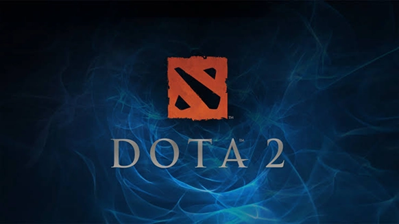 Pomarańczowe logo marki oraz nazwa gry „Dota 2” na ciemnoniebieskim tle z dymnymi smugami