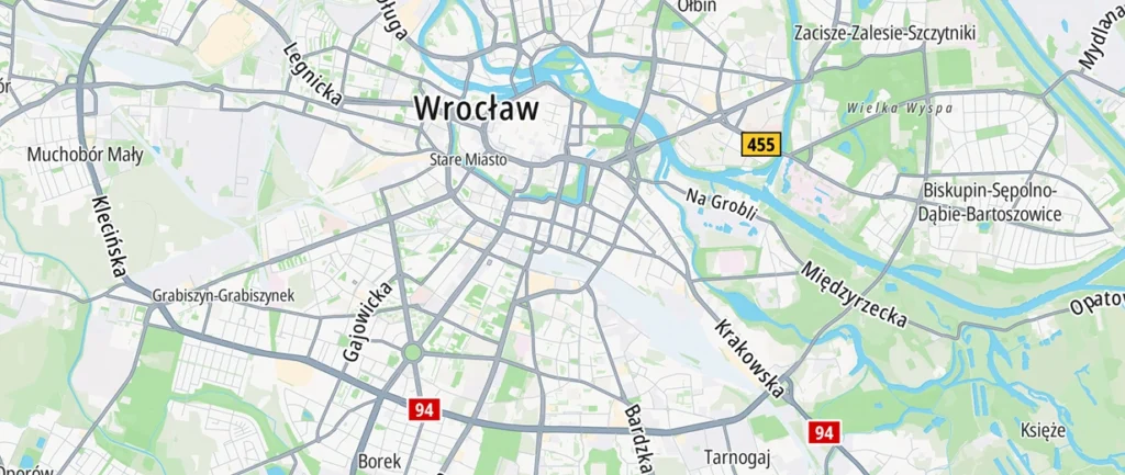 Mapa Wrocławia w serwisie Google Maps z drogami i ulicami w jaskrawych kolorach